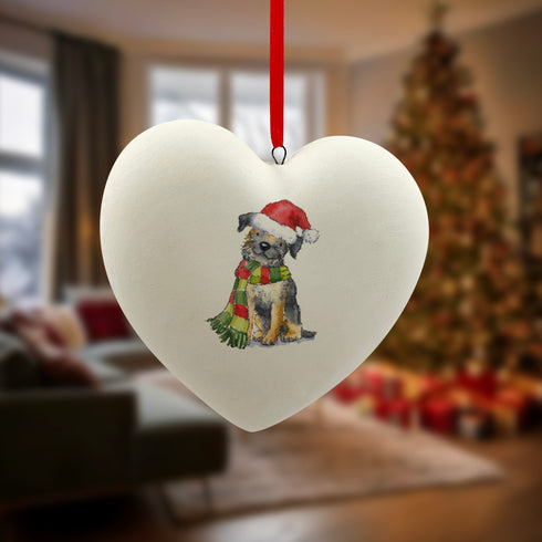 Border Terrier in Santa Hat Christmas Heart Bauble
